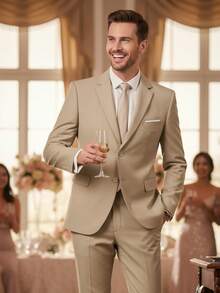 2 Stück Herren Anzug Set, bestehend aus Blazer Jacke und Hose, geeignet für Geschäft, Hochzeit, Party, Bankett und andere formelle Anlässe, elegantes einfarbiges Slim Fit Anzug Set mit Langarm, Größe XS-XXXL - Champagnerfarben - Übersicht 4