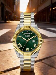 Guess Đồng hồ đeo tay nam cổ điển, thanh lịch, máy quartz, mặt tròn màu đen, dây đeo thép không gỉ mạ vàng bạc, thích hợp đeo hàng ngày, làm quà sinh nhật, quà Giáng sinh, GW0265G8 - màu xanh lá - Xem 1