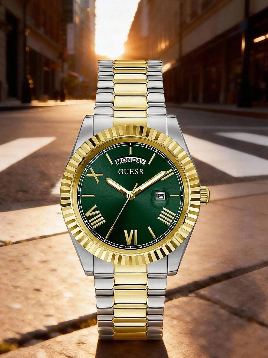 Guess Đồng hồ đeo tay nam cổ điển, thanh lịch, máy quartz, mặt tròn màu đen, dây đeo thép không gỉ mạ vàng bạc, thích hợp đeo hàng ngày, làm quà sinh nhật, quà Giáng sinh, GW0265G8 - màu xanh lá - Xem 1