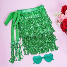 Sequin Belly Dance Scarf Tassel Wrap Sparkly Fringe Skirt With Pair Heart Party Rave Costume Women - màu xanh lá - Xem 6