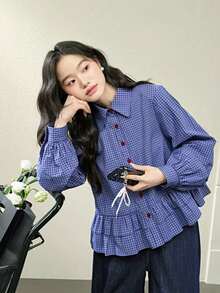 Plaid Ruffle Trim Long Sleeve Blouse Tops, Spring New Arrival - Blue - View 2