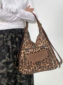 Túi đeo vai nữ phong cách Y2K họa tiết da báo, túi đeo chéo nhiều ngăn dung tích lớn, túi đa năng có thể chuyển đổi thành ba lô. - màu nâu - Xem 7