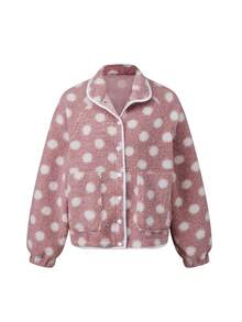 Womens Fall Winter Fleece Jacket Dot Pattern Long Sleeve Lapel Button Down Sherpa Coat - Deep Pink - View 1