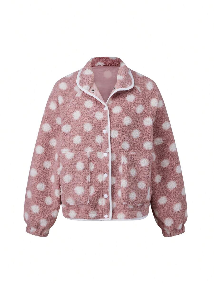 Womens Fall Winter Fleece Jacket Dot Pattern Long Sleeve Lapel Button Down Sherpa Coat - Deep Pink - View 1