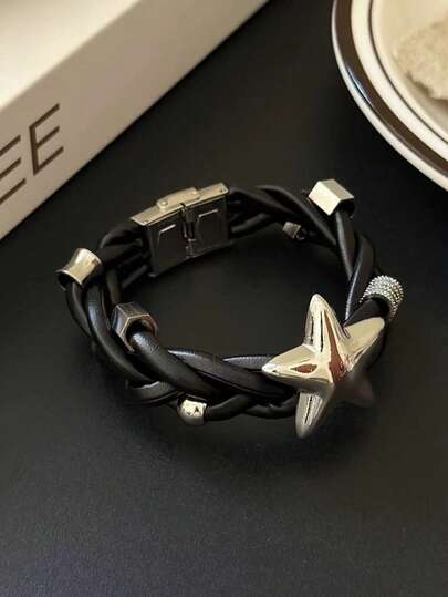 1条黑色编织皮绳银色星星装饰手链，时尚复古街头风饰品，适合派对、休闲佩戴和日常出行（OPP袋包装）