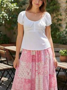Women's Smocked Short Sleeve Lace Trim Blouse V Neck Ruffle Hem Peplum Shirt Tops - White - View 5