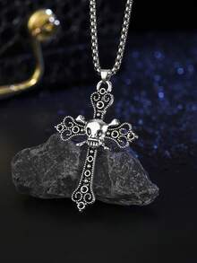 1件欧美哥特复古骷髅十字吊坠项链，男士时尚街头服饰 - 銀色 - 查看 3
