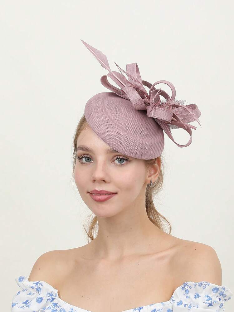 1 pièce Chapeau de style bohème élégant de palais de style avec nœud, coque de couleur unie, voile en polyester avec plumes. Convient pour les courses, enterrement de vie de jeune fille, mariage, fête de Noël, garden party - Multicolore - Voir 24