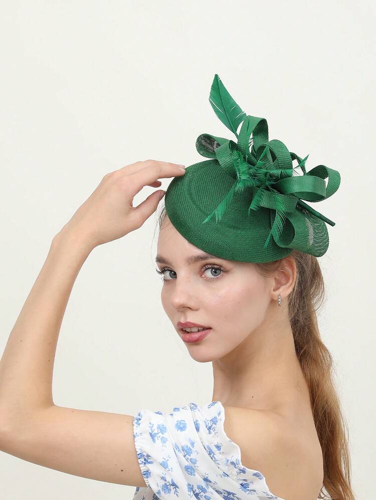 1 pièce Chapeau de style bohème élégant de palais de style avec nœud, coque de couleur unie, voile en polyester avec plumes. Convient pour les courses, enterrement de vie de jeune fille, mariage, fête de Noël, garden party - Multicolore - Voir 14
