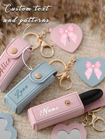 1pc Women's Makeup Keychain, Solid Color PU Leather Lipstick Holder With Heart-Shaped Mirror, Heart-Shaped Bag Charm Fashion Keychain Pendant, Stylish Durable Customizable Reusable Multifunctional, Suitable For Party, Wedding, Dance, Valentine's Day Or New Year Gift For Family, Friends, Girlfriend