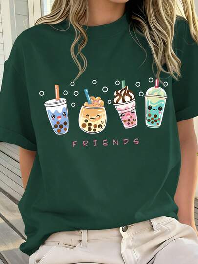 1PC Girls Sweet & Cute Bubble Tea Print Short Sleeve T - Shirt, Comfortable And Breathable, Summer Daily Casual Wear