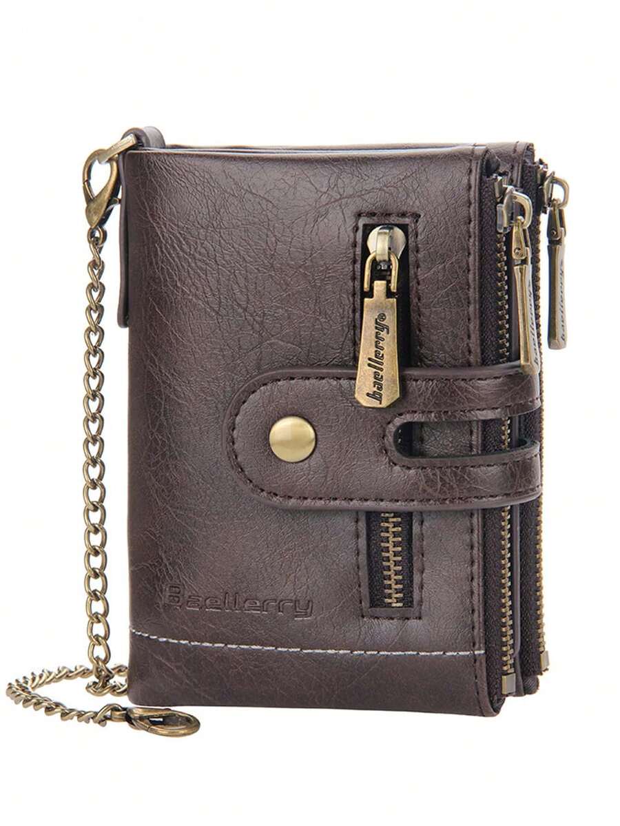 Men's Retro Wallet, New Short Faux Leather Multi-Card Slots Double Zipper Bank Card Holder - Coffee - View 1