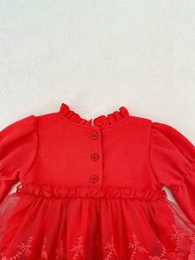 Infant Girls' Waffle Ruffle Trim Long Sleeve Dress, Spring/Autumn - Red - View 5