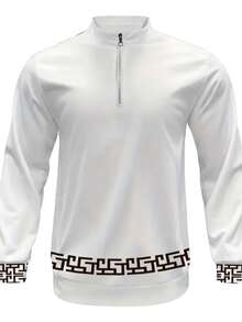 Autumn/Winter New Men's Casual Stand-Up Collar Suit, All With White As The Base Color, With Different Black Decorative Patterns: Some With Curves, Some With Stripes And Greek Key Patterns, And Some With Greek Key Patterns On The Hem And Cuffs Of The Jacket, Each Set Includes A Stand-Up Collar Half-Ipper Jacket And A Drawstring Casual Long Pants. Sports, Street Style Suit, Men's Clothing, Men's Suit.  Striped    Spring/Fall    Regular Fit    Pocket  Zipper    Going Out  Daily - 黑與白 - 查看 3