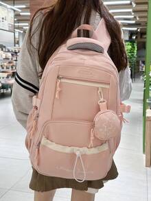 大容量字母印花防水多口袋抽绳功能背包，女士便携式学院风学生书包，带小圆袋，适合上学、通勤、旅行、返校季使用。 - 彩色 - 查看 7