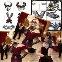 6Pcs Costume Party Decorations Halloween Masked Balls Mask Necklace Black Lace Gloves 80s Accessories For Women For Dress Party Cosplay Parties - 如圖 - 查看 1