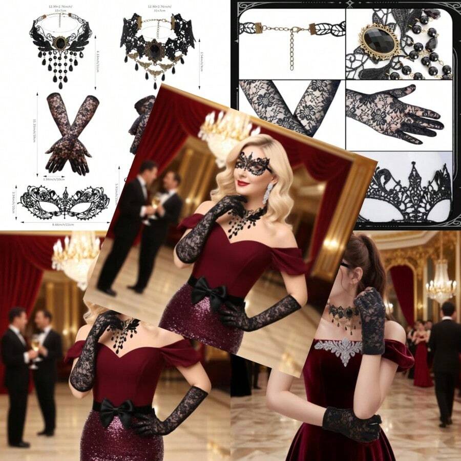 6Pcs Costume Party Decorations Halloween Masked Balls Mask Necklace Black Lace Gloves 80s Accessories For Women For Dress Party Cosplay Parties - 如圖 - 查看 1