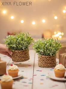 3pcs/Set Artificial Rattan Potted Plants, Seagrass Rope, 3 Identical Green Plants, Made Of PE And Polyester Fiber, Desktop Decor For School, Dorm, Office, Home, Back To School, Valentine's Day, Easter, Spring/Summer - Green - View 11