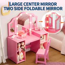 Juego de Mesa y Silla de Cambiador Princesa para niñas con Espejo triplegable, computadora de Cambiador con luz táctil con Almacenamiento y Silla de Respaldo Alto, Convertible a computadora - Rosa - Ver 3