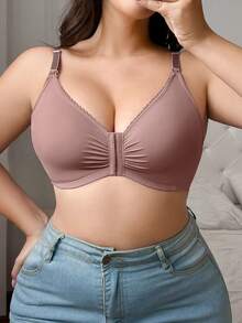 1pc Women Plus Size Comfortable Minimalist Front Closure Wireless Nursing Bra, Knit Fabric - Dusty Pink - View 5