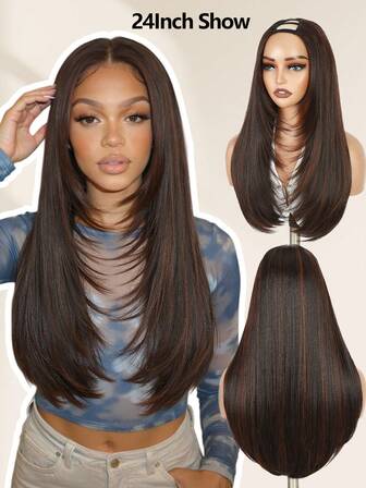 14-tums kort U-delad vågig peruk, Yaki rak syntetfiberperuk med slingor, lämplig för kvinnor, uppgraderad U-delad peruk, ingen sömnad eller lim krävs