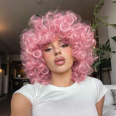 Short Curly Wig With Bangs, Fluffy & Voluminous Curly Wig Suitable For Women, Big Curly Wig, Soft & Fluffy, Natural Synthetic Hair, Suitable For Daily Wear And Parties