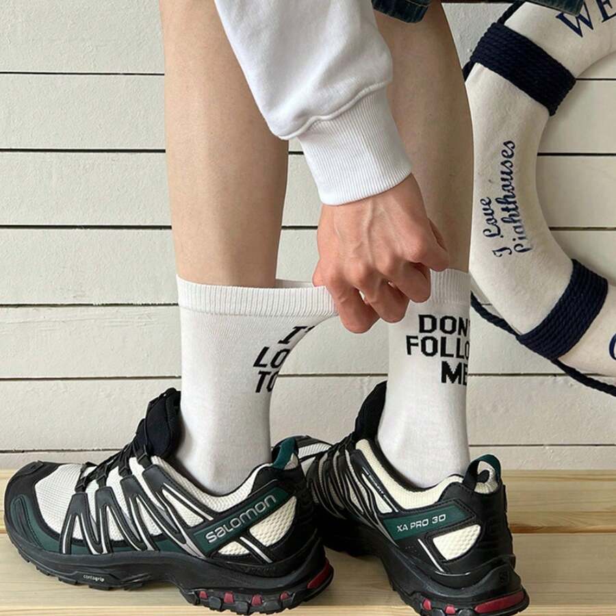 字母印花男士船袜，防臭吸湿黑白长筒运动袜，男士篮球袜，长筒棉袜 - 彩色 - 查看 1