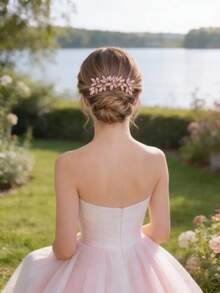 1pc Elegant Crystal Women's Hair Comb, Rhinestone Bridal Hair Accessory, Romantic Wedding Headpiece, Princess Party Decoration - Pink - View 2