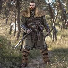 3件套男士仿毛皮维京国王战士斗篷，中世纪文艺复兴万圣节冬季角色扮演服装，毛绒仿毛皮袜子和保暖裤，时尚风格 - A - 查看 3