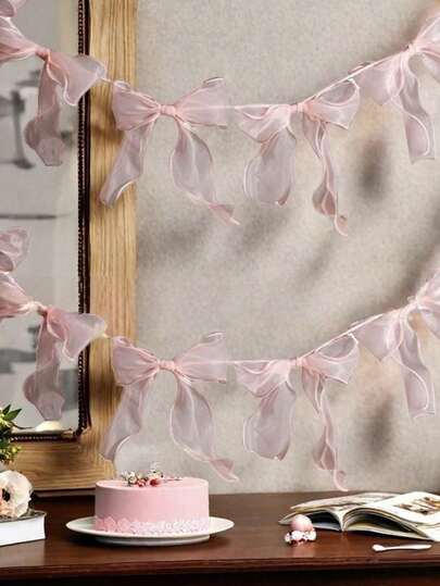 12pcs Pink Bow Ribbon Garland Banners, Suitable For Birthday Decoration, Baby Christening Decoration, Bridal Wedding Party, Bachelorette Party Supplies, Theme Party Decor, Home Decor, Party And Wedding Decoration.