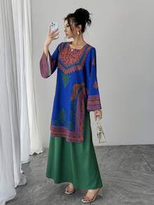 2 piezas Conjunto de mujer, Parte superior corta con mangas acampanadas y cuello cuadrado con estampado de ubicación azul + Falda de cintura elástica verde, Conjunto formal elegante de estilo árabe de lujo con contraste de colores para fiesta, vacaciones y uso diario en primavera - Azul - Ver 6
