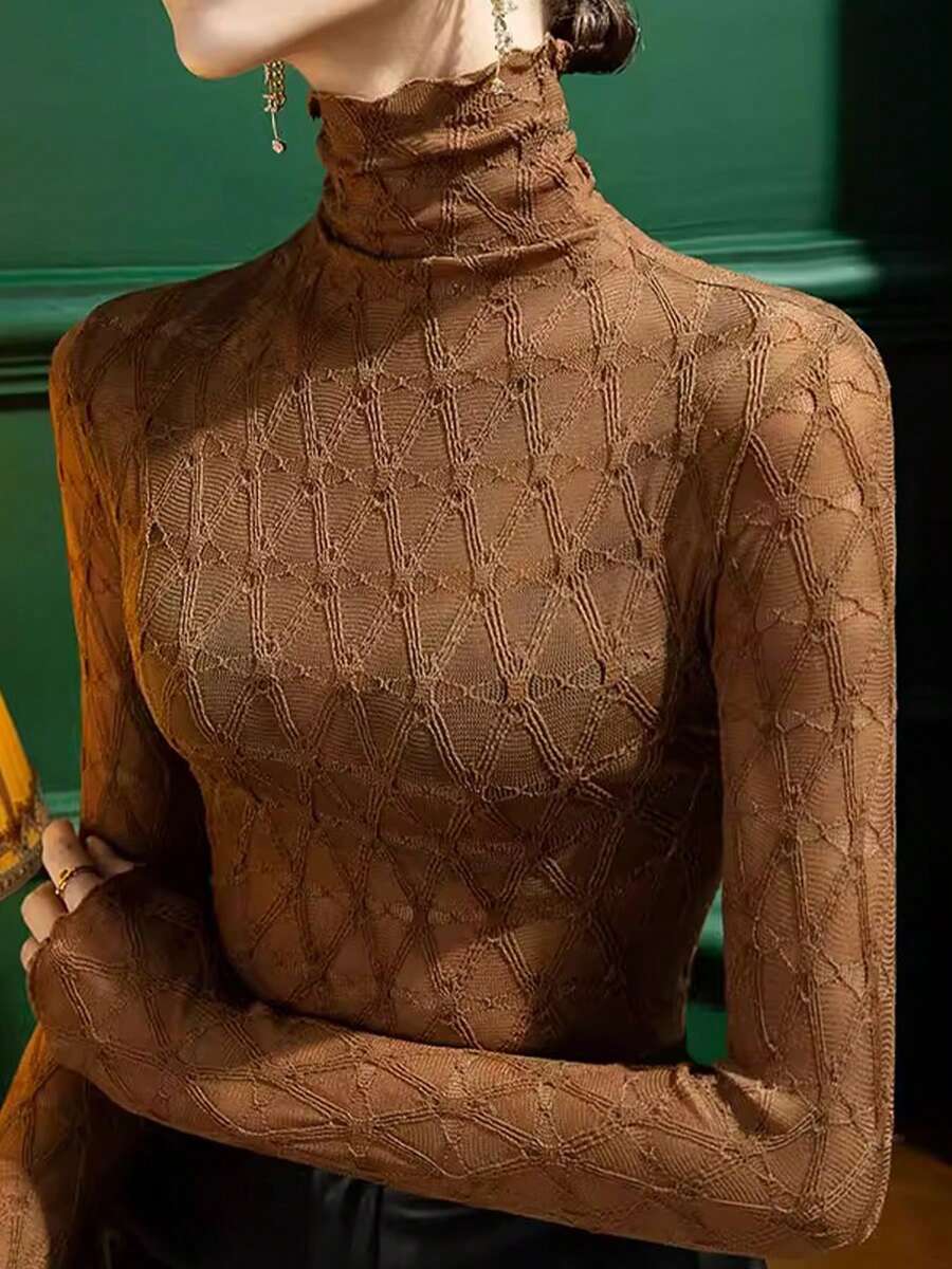 高领蕾丝吊带背心，修身长袖打底衫，时尚黑色T恤，适合春秋季穿着 - 摩卡色 - 查看 1