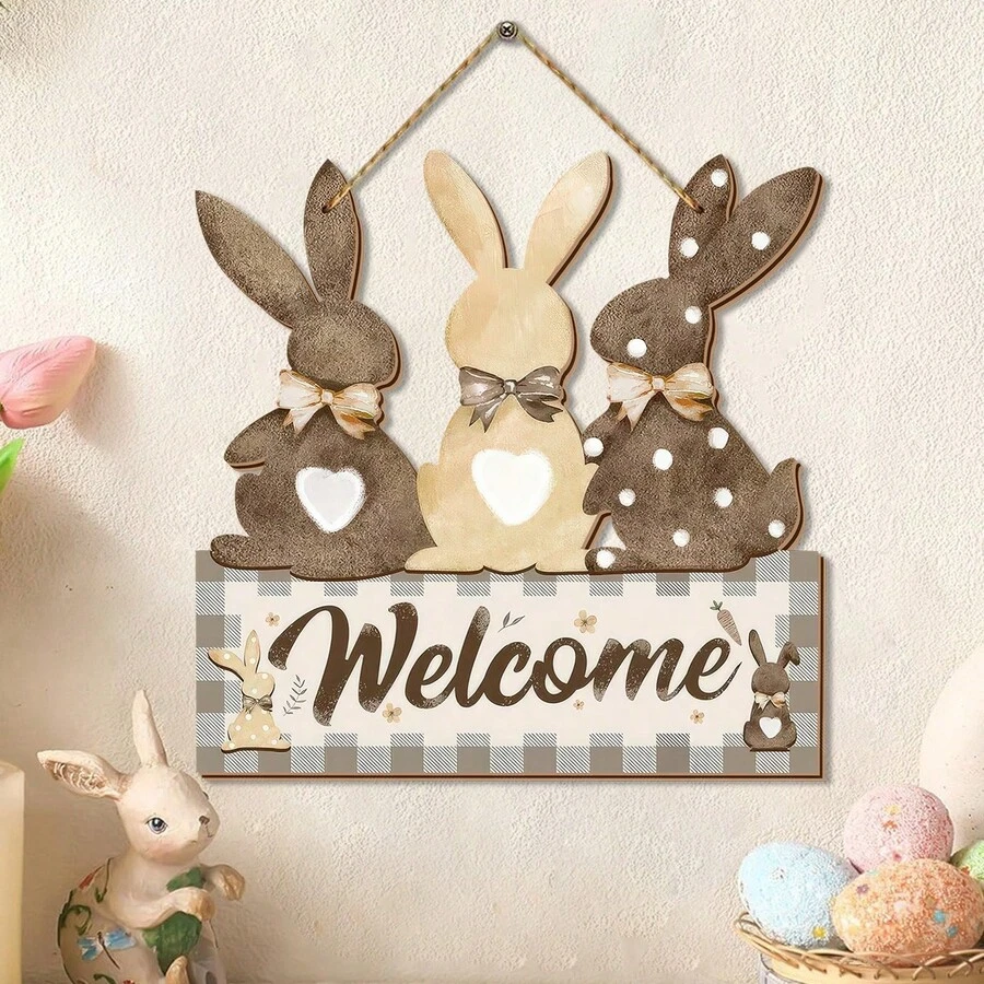 1 chiếc vòng hoa gỗ hình thỏ Phục Sinh màu nâu để trang trí cửa trước, đồ trang trí treo cửa hình thỏ Phục Sinh, vòng hoa gỗ mùa xuân, thích hợp để trang trí tiệc Phục Sinh, trang trí nhà cửa ngày lễ, trang trí treo cửa hàng cà phê và tiệm bánh. - Nhiều màu - Xem 1
