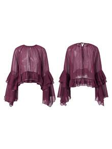Women Sheer Chiffon Blouse Solid Color Ruffled Long Sleeve Loose Elegant Tops Streetwear - Burgundy - View 5