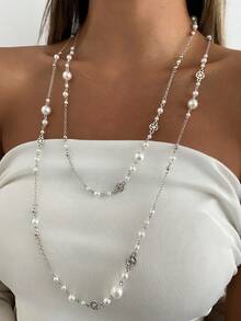 2pcs/Set Bohemian Style CCB Faux Pearl Hollow Geometric Women Fashion Necklace, Elegant Luxury Casual Daily, Party, Couple Date, Vacation, Women's Festival Birthday Versatile Charm Jewelry Gift - Necklace - View 3