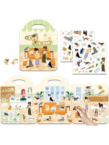 一套儿童可重复使用贴纸书，包含3个可折叠场景，旅行主题贴纸书，生日礼物，教育类书籍（公主+美人鱼+交通工具+动物+宠物+海洋+农场+职业+恐龙），贴纸书，可重复使用贴纸书，旅行主题贴纸书，农场主题贴纸，书籍贴纸，故事书 - 彩色 - 查看 4