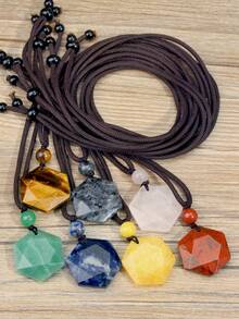 Handmade Woven Hexagram Pendant Necklace With Natural Stones - Tiger Eye, Green Aventurine, Blue Sodalite, Unisex Couple Necklace - Multicolor - View 5