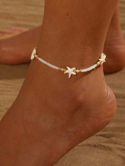 1pc Adjustable Beaded Starfish Fashion Anklet, Natural Beach Resort Vintage Style Anklet For Women