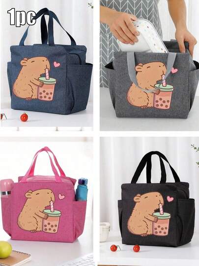 1pc Cute Capybara-Print Insulated Lunch Bag With Pocket, Reusable Insulated Lunch Tote Bag For Women Men, Leakproof Portable Lunch Box Large Capacity Multi-Pocket Lunch Bag, Thickened Work Lunch Bag For Office, Fitness Meal Prep Bag For Work School Picnic Beach Travel, Gifts For Family And Friends