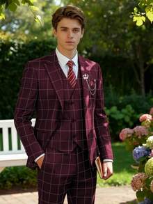 Men's Stripe 3 Piece Suit Set Slim Fit One Button Tuxedo Jacket Vest Pants For Wedding Prom Business & Formal Events - Màu Đỏ Sâu - Xem 7
