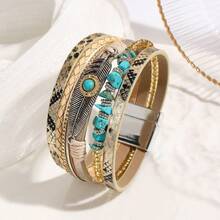 1pc Bohemian Style Beaded, Feather & Leather Women Bracelet, Creative Vintage Turquoise Magnetic Clasp Wristband, Versatile For Party And Daily Wear - Bracelet - View 8