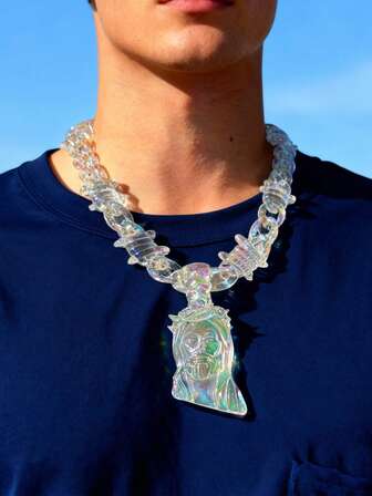 1pc Jesus Portrait Pendant Necklace With Transparent Multicolor Acrylic Thorn Chain, Suitable For Men