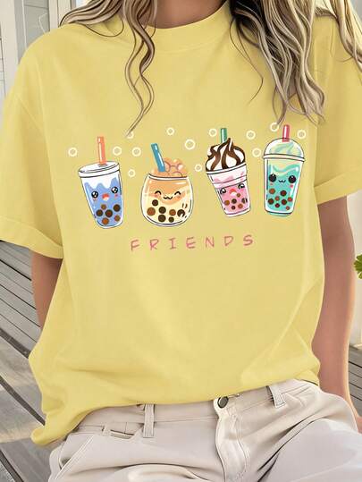 1PC Girls Sweet & Cute Bubble Tea Print Short Sleeve T - Shirt, Comfortable And Breathable, Summer Daily Casual Wear