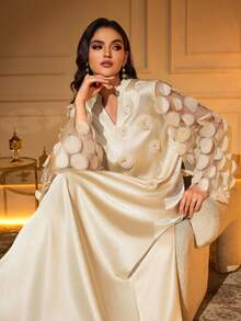 Elegant V-Neck Long Arabic Dress With 3D Rose Applique, Long Sleeve, Woven Fabric, Non-Stretch, Formal Gown - Beige - View 7