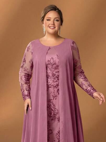 Faeriesty 大码优雅蕾丝刺绣长裙，适合婚礼和正式场合 | 飘逸设计，展现精致女性魅力