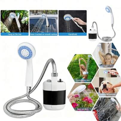 Ducha portátil sin enchufes: funciona con una gran batería de litio | Caudal estable de 4 a 5 l/min | Manguera de metal | Imprescindible para viajes al aire libre