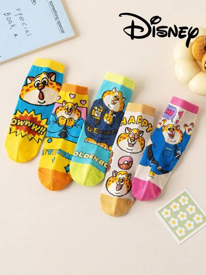 Disney 5/1 Pair Children's Socks,  Judy Hopps Cartoon Mid-Calf Socks, Korean Cartoon Boys' Breathable Socks For Spring And Autumn, Suitable For Daily Wear, Gift Socks For Students And Babies