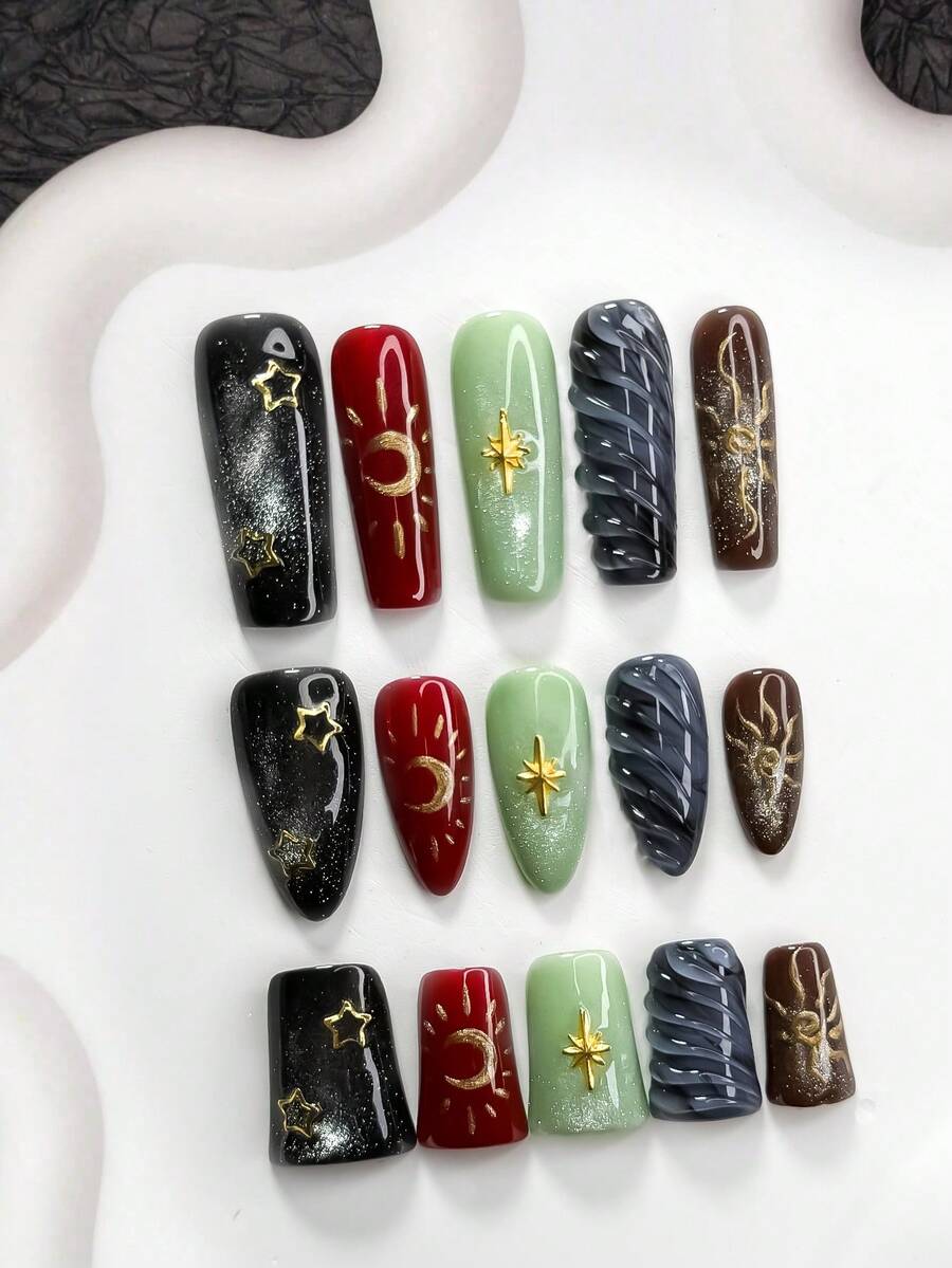 10片复古时尚美甲贴纸,亚克力美甲套装,手绘金色日月美甲装饰,纯色水波纹美甲设计,金色镂空五角星,星空美甲配件,美甲用品,手工按压式美甲贴片 - 彩色 - 查看 1