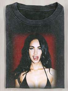 Megan Fox Tee Water Washed Printing T Shirts,  Graphic Printing T-Shirts, Water Washed Short Sleeved Retro T Shirts, (230g Pure Cotton) Casual Daily Y2K Streetwear Shirts, Summer Tops For Men And Women - 黑色 - 查看 1
