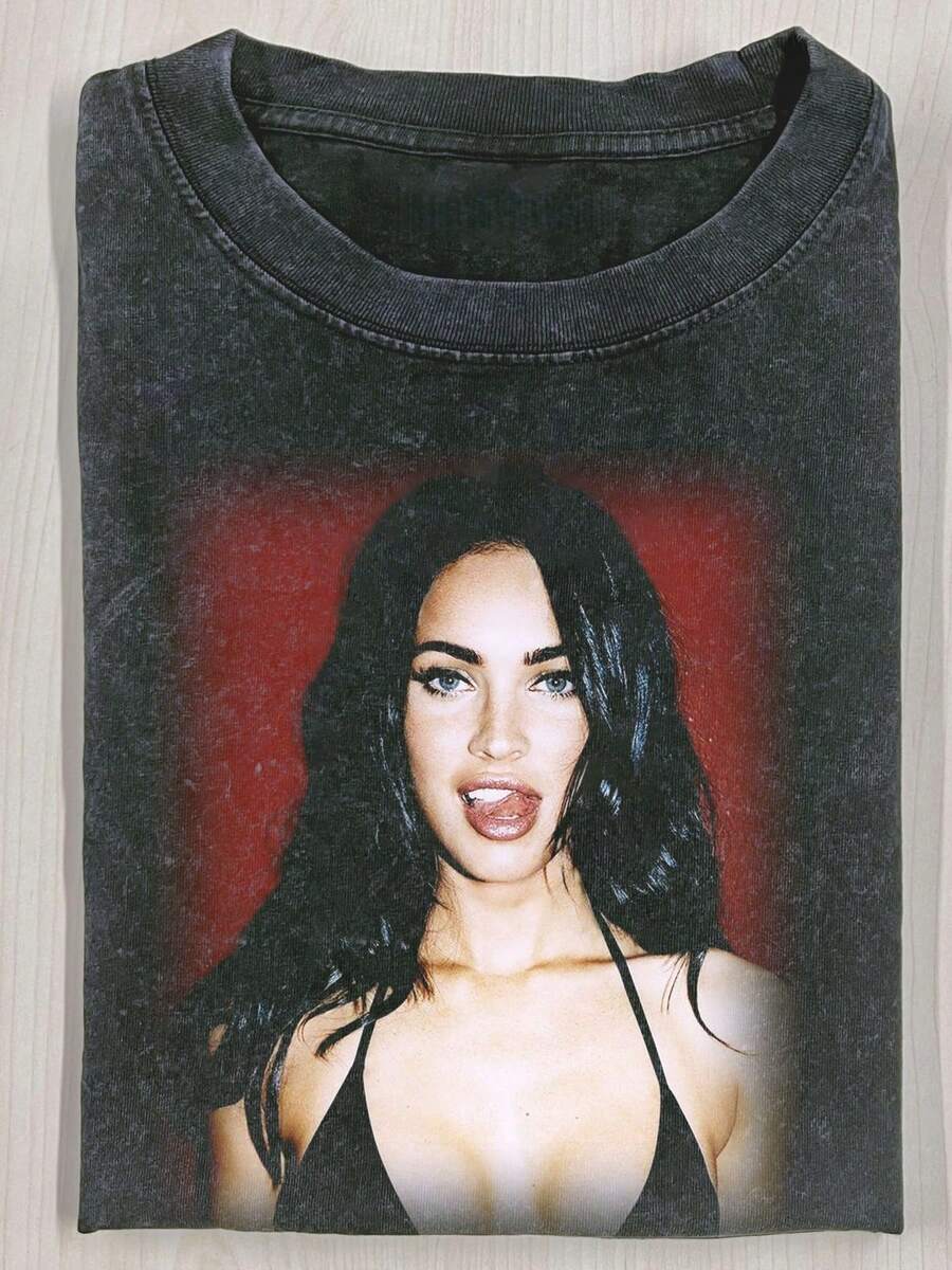 Megan Fox Tee Water Washed Printing T Shirts,  Graphic Printing T-Shirts, Water Washed Short Sleeved Retro T Shirts, (230g Pure Cotton) Casual Daily Y2K Streetwear Shirts, Summer Tops For Men And Women - 黑色 - 查看 1